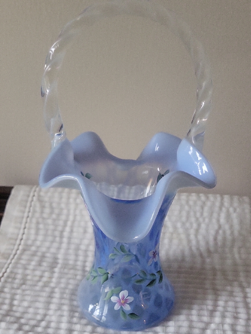 Fenton Blue Hand-Painted Floral Glass Basket with Twisted Clear Handle